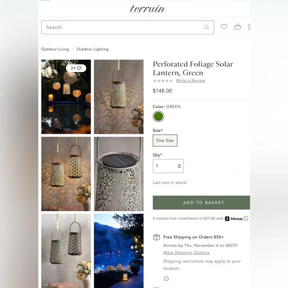Anthropologie Terrain Perforated Foliage Solar Lantern NEW